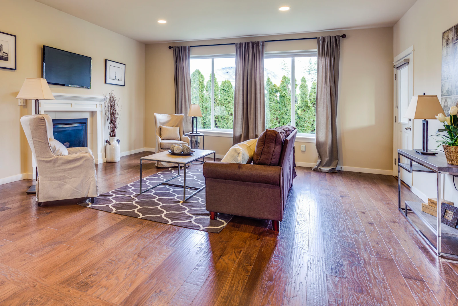 Dark walnut hardwood floor in a contemporary living room