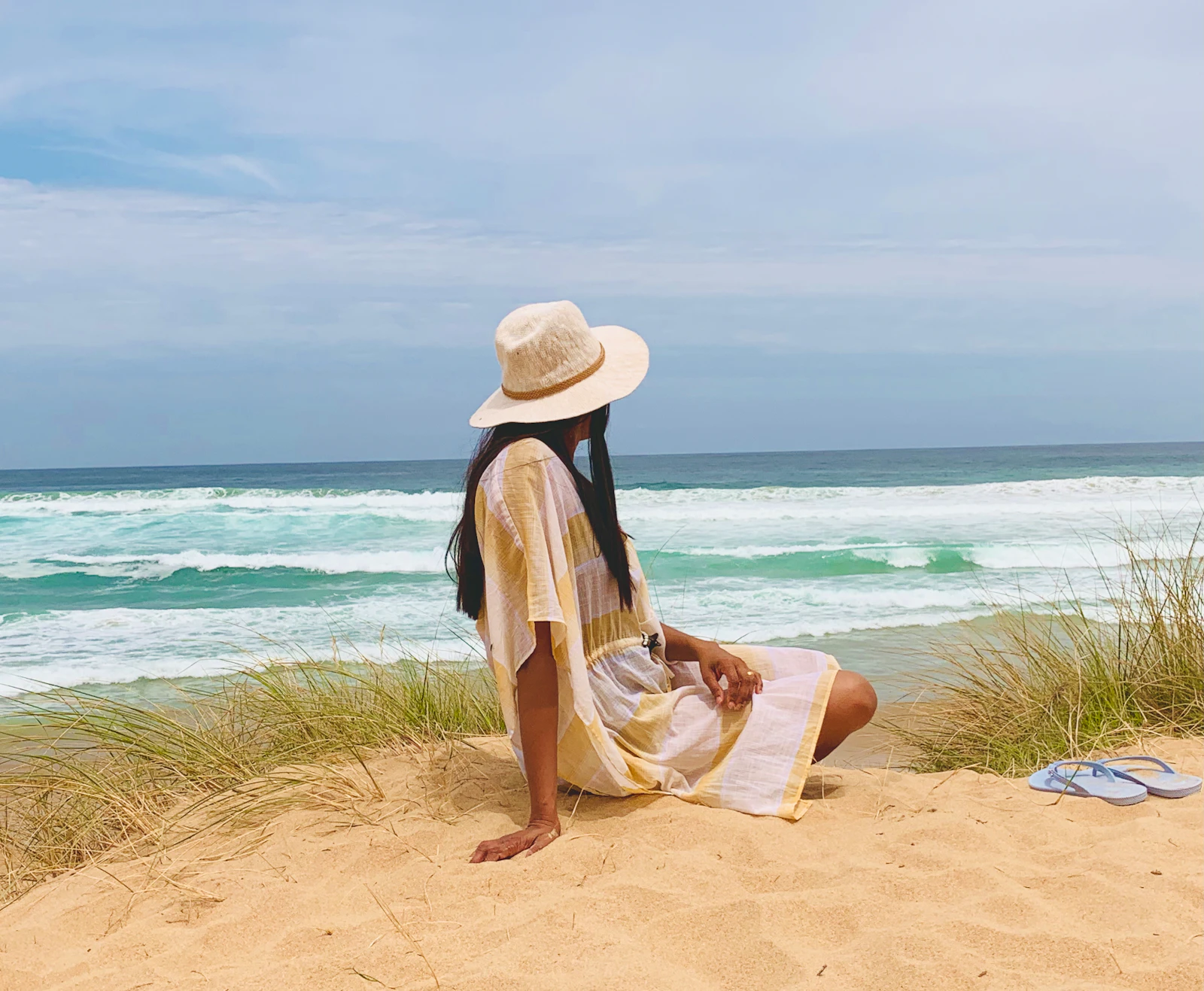 Gold metallic beach kaftan on model