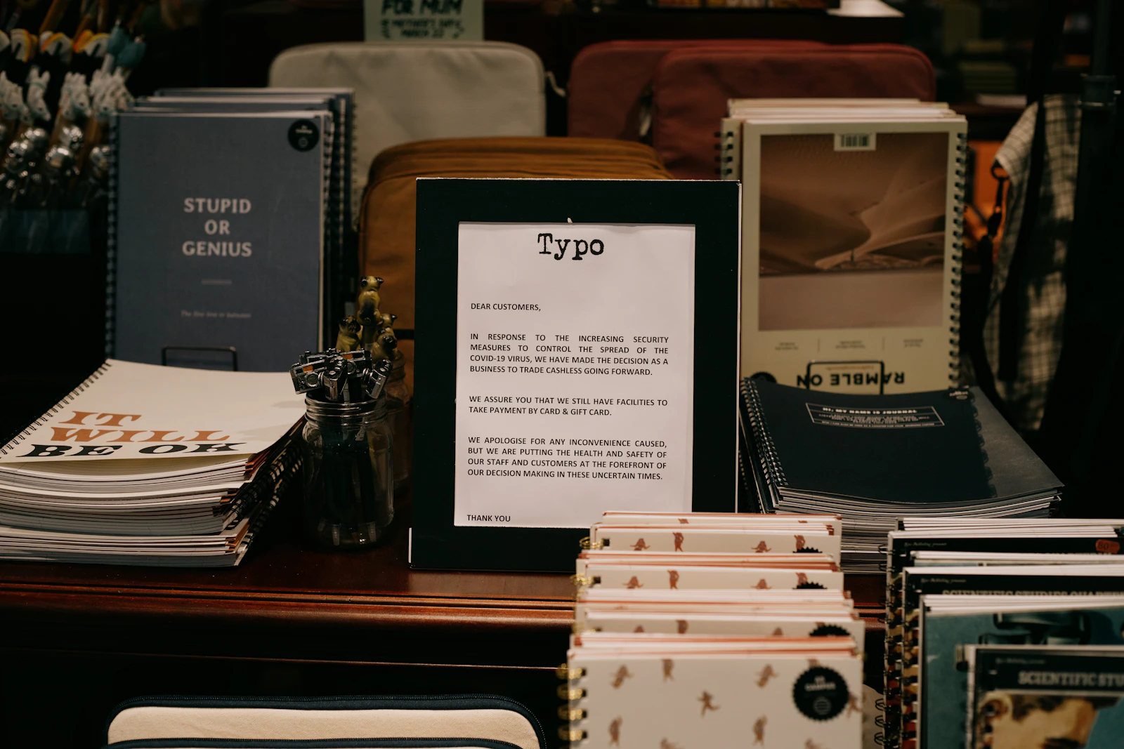 warm bookstore display table with featured titles and handwritten staff recommendation cards