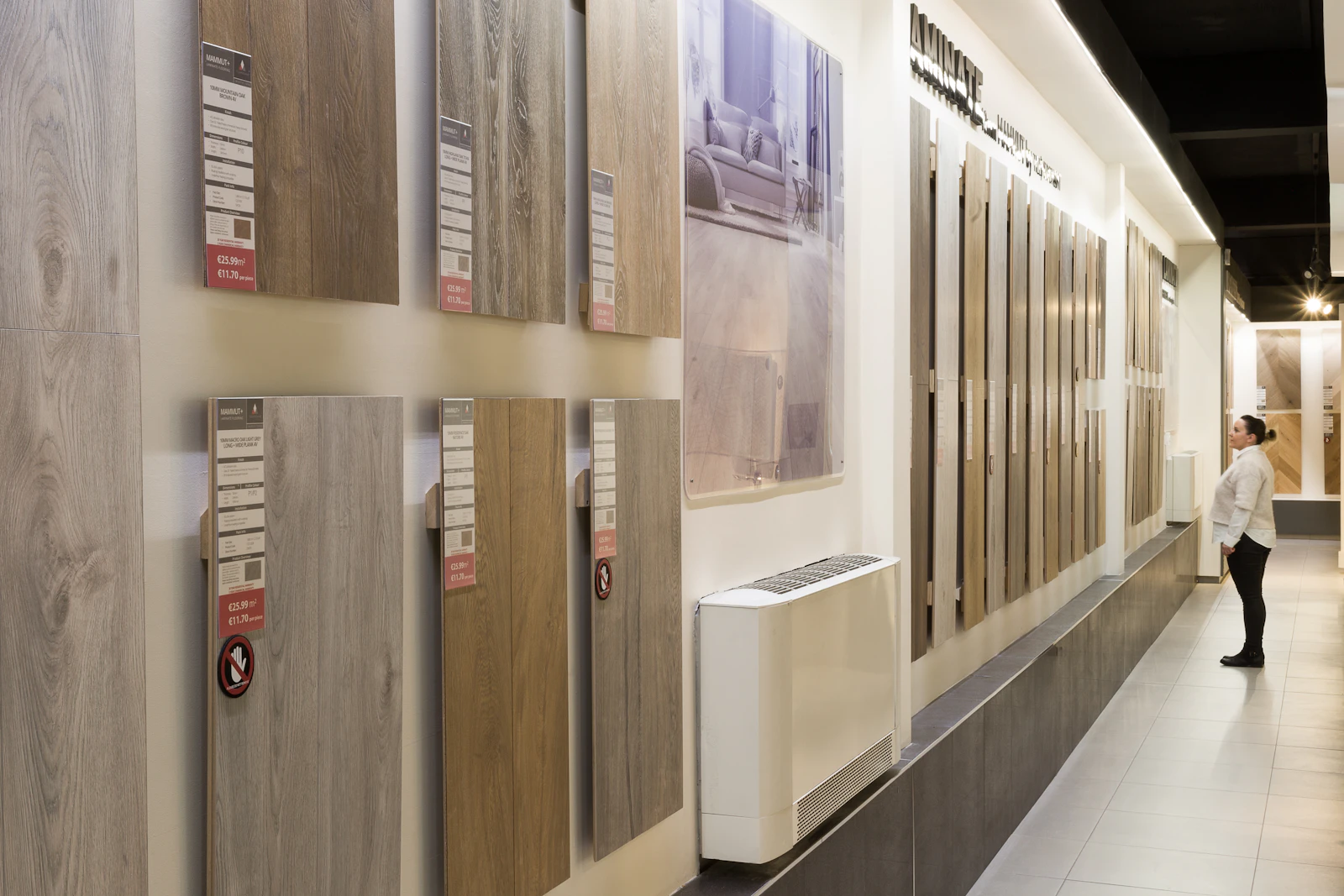 Wood floor trims and moldings displayed in a showroom