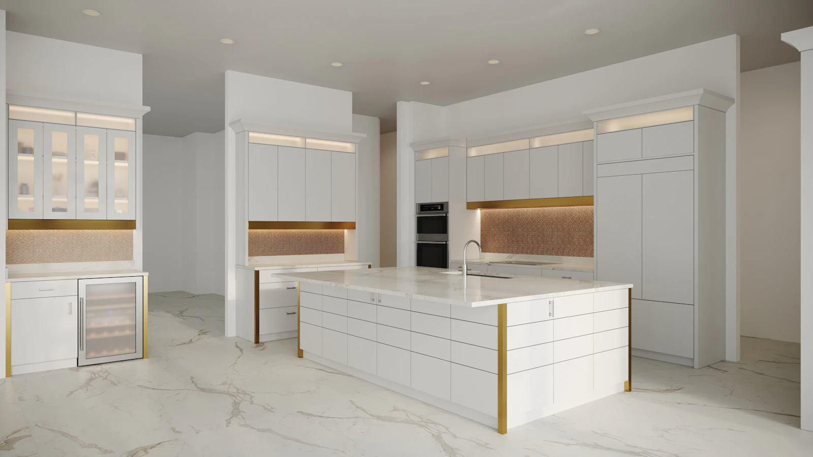 modern minimalist kitchen marble island warm oak cabinetry natural light